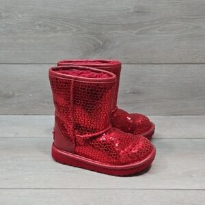 Ugg Australia Kids Girl Red Sequin Hearts Leather Sheepskin Boots Shoes Sz 10 Td